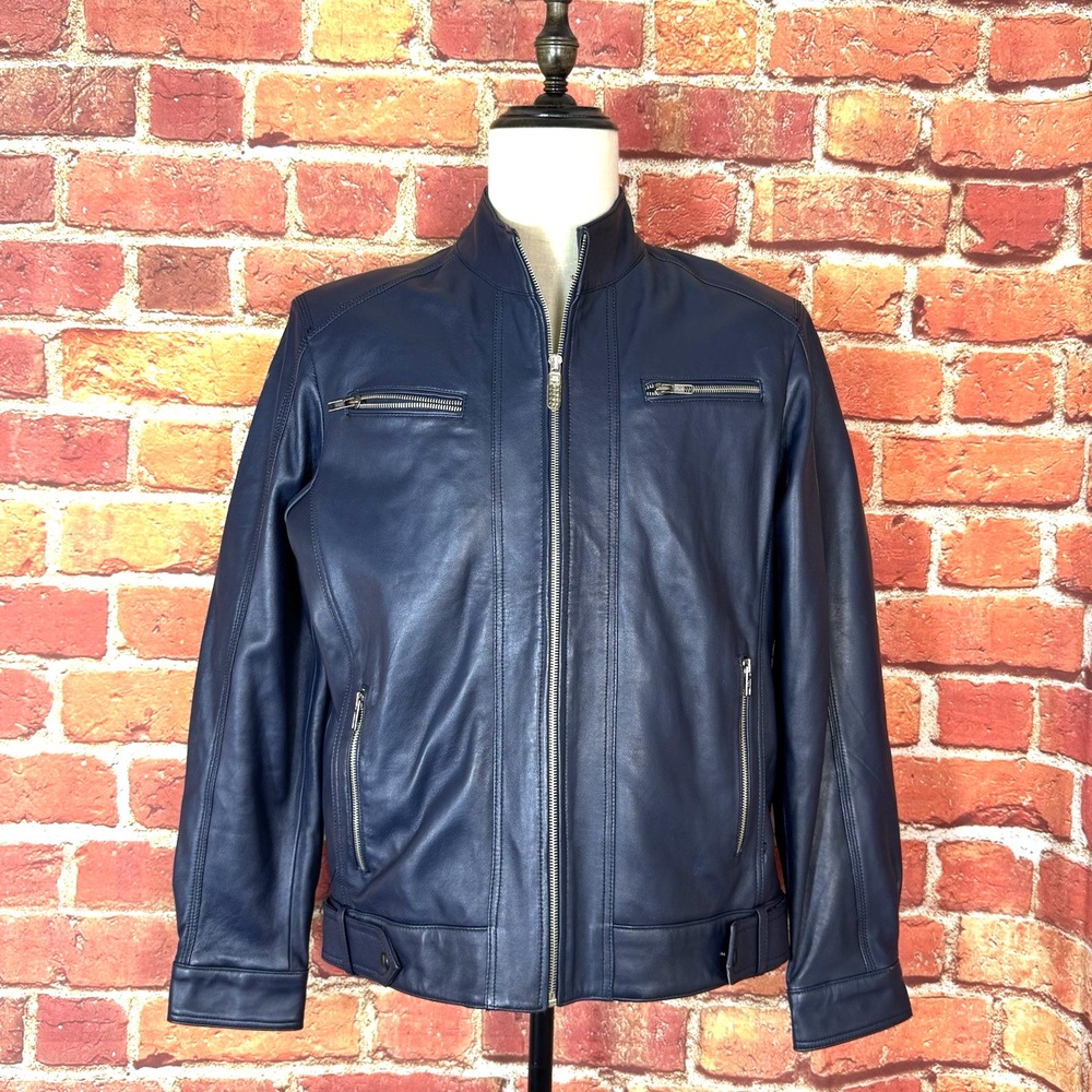 Men's Navy Leather Zip-Front Jacket